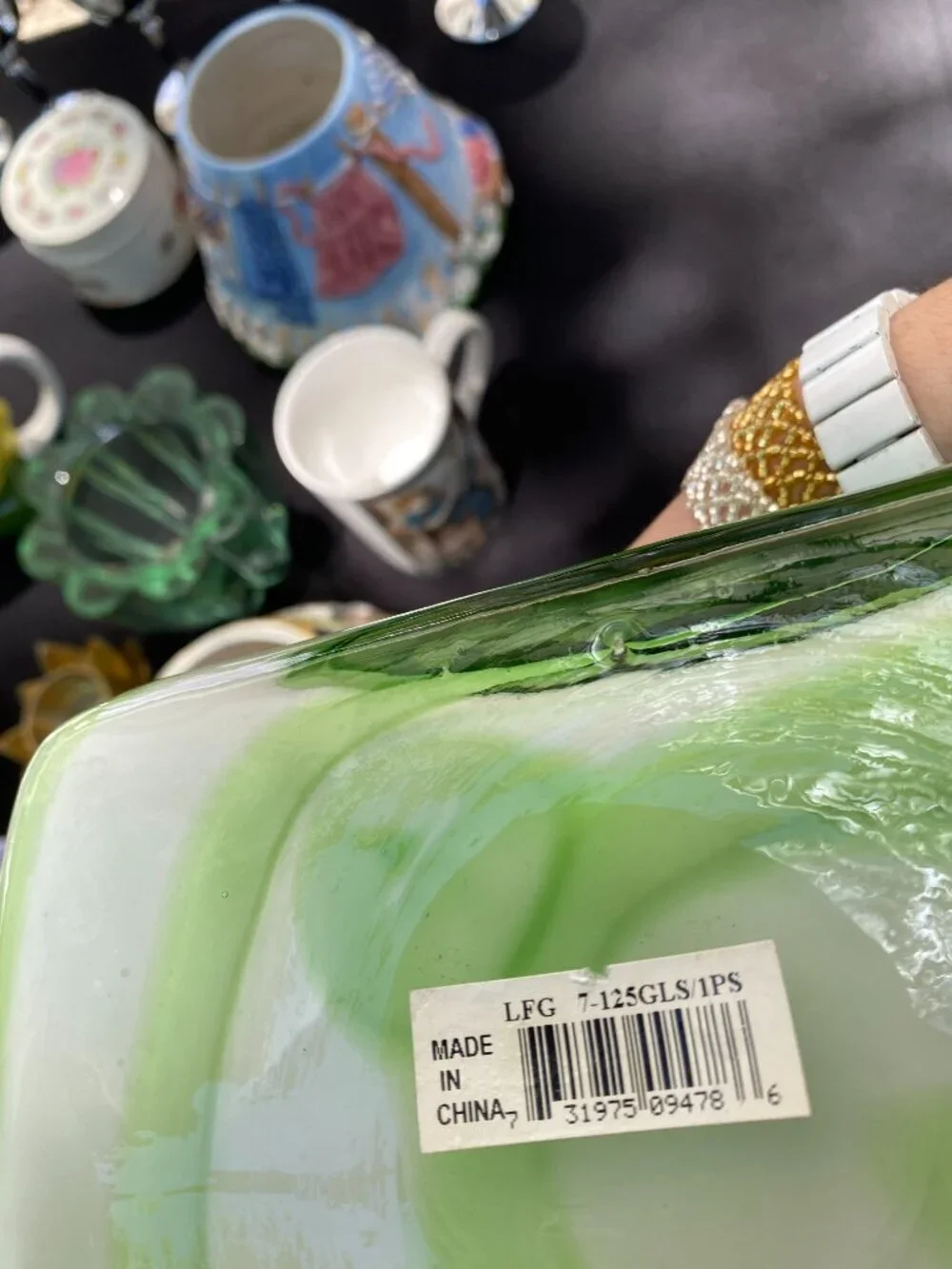 “Vintage Murano Style Glass Purse Vase – Green & White Striped Handbag Vase | Re